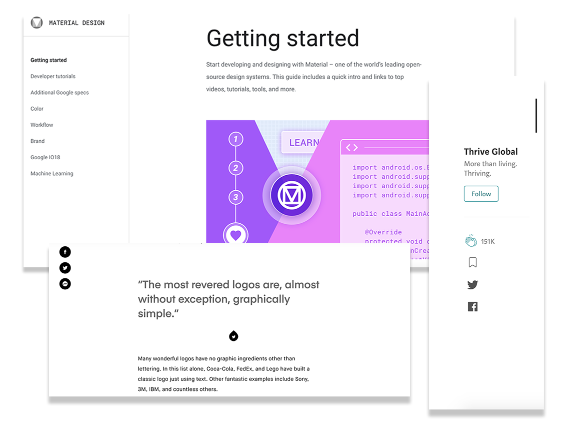 I looked to several competitors, including Medium, Material Design, and DesignBetter.co for ideas on how to make this longform text document easy and enjoyable to read.