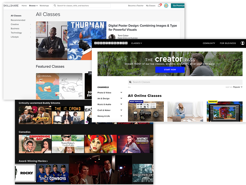 I looked to several specialized e-learning sites like Skillshare, CreativeLive, and LinkedInLearning for competitive analysis.