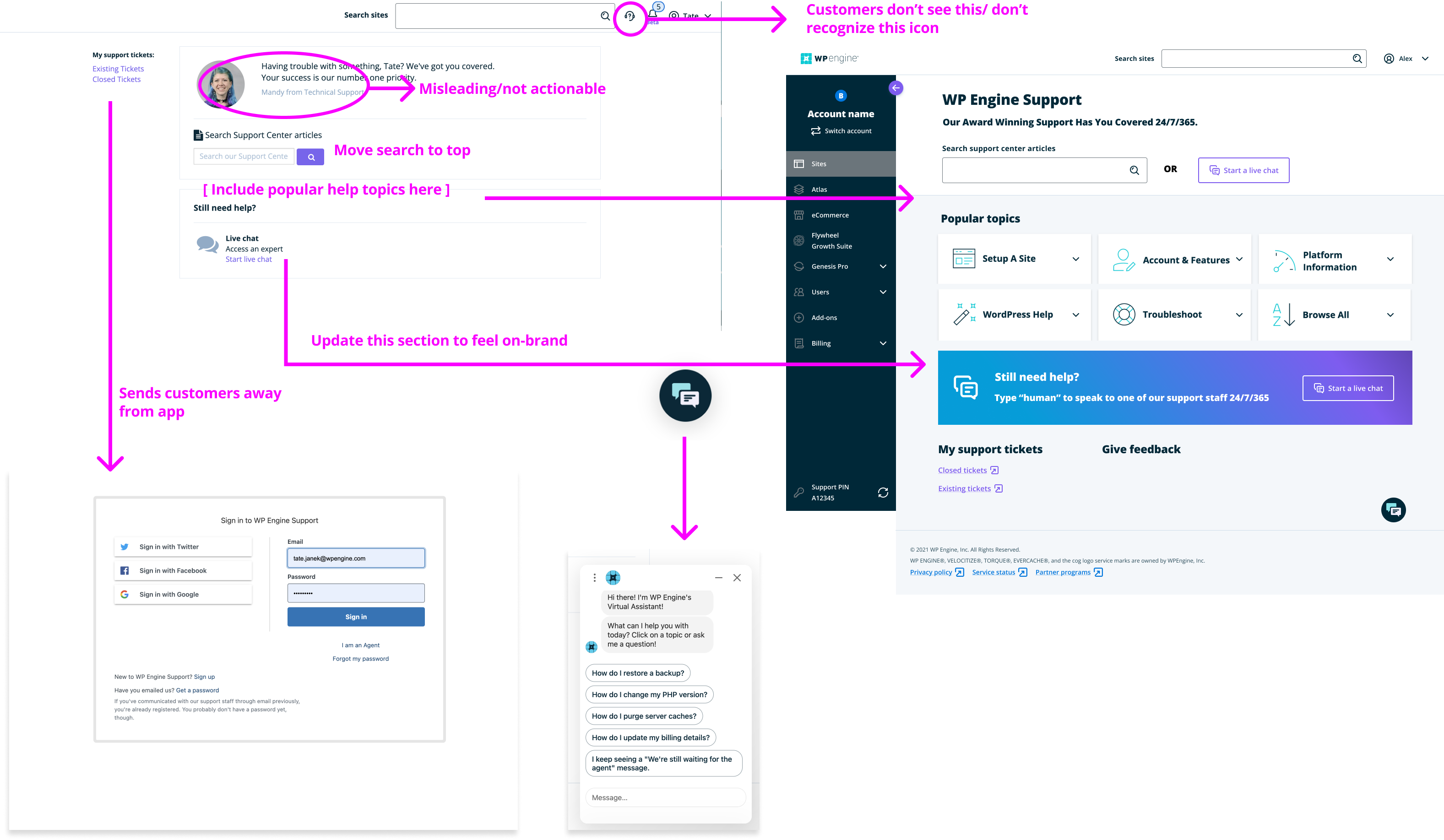 A lack of visual hierarchy made the page feel unorganized and difficult to navigate. I decided to give more visual prominence to actionable items and worked with our engineers to dynamically surface helpful information from our Support blog.