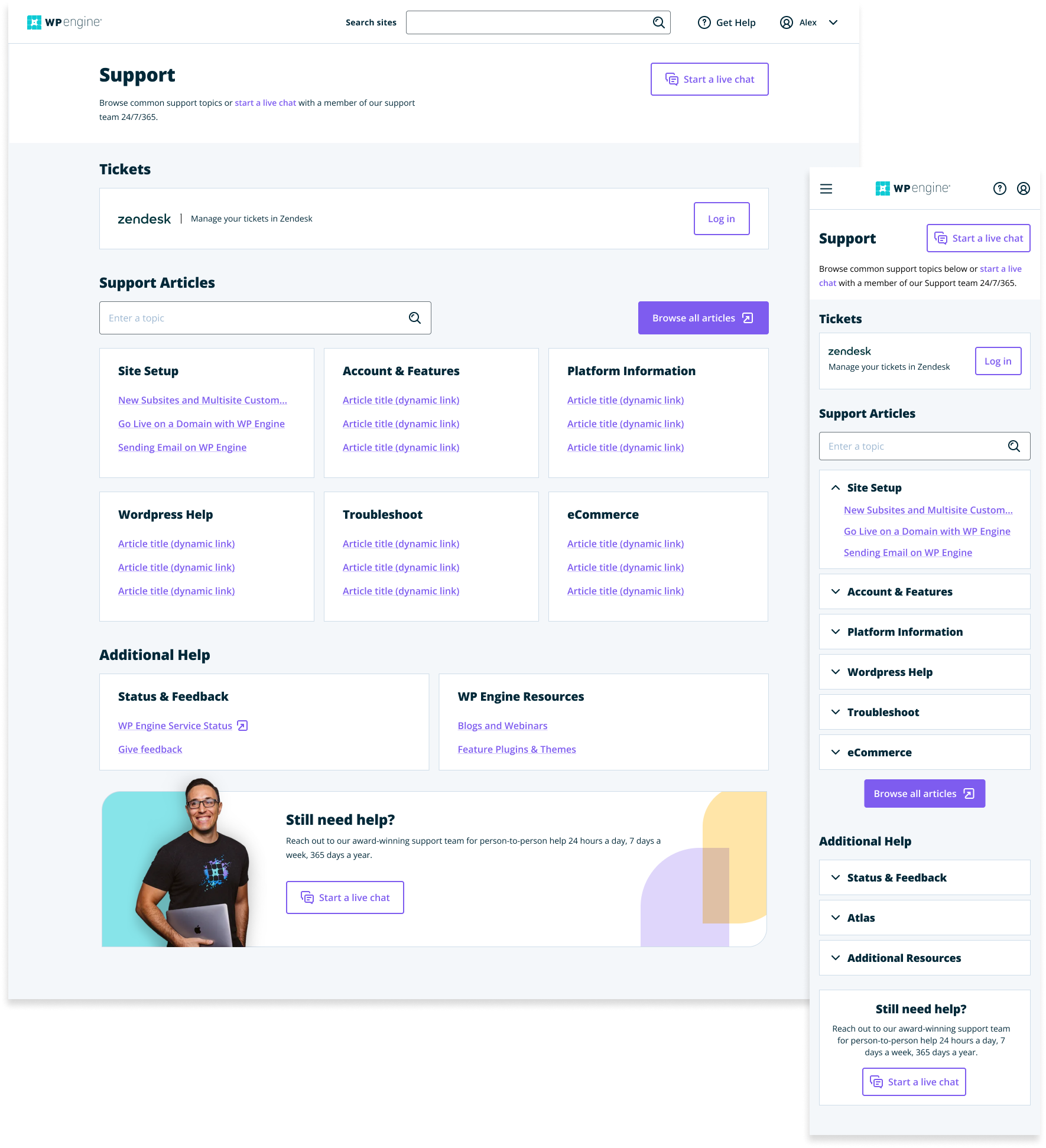 Unlike the original Support Center, the updated version was responsive, visually more organized, and helped users self-serve and access the support they needed.